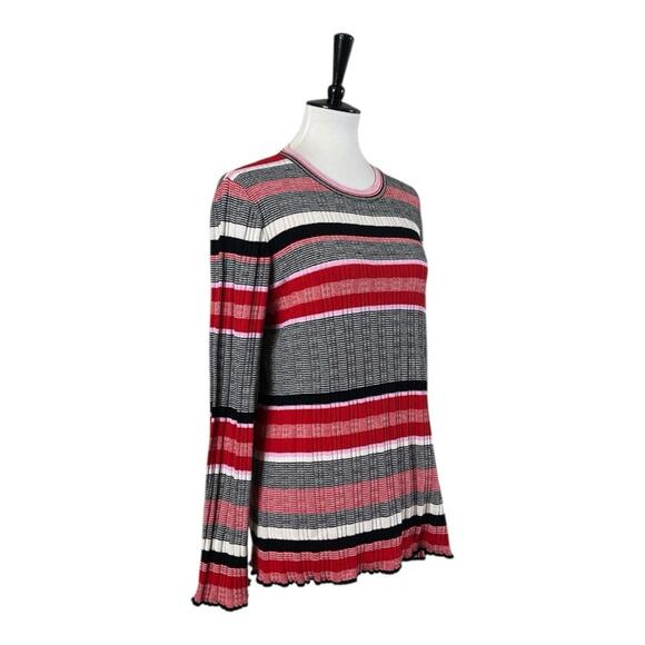 Ann Taylor Sweater Crew Neck Flare Sleeve Black Pink Red Stripe Women Size XL - Picture 2 of 12